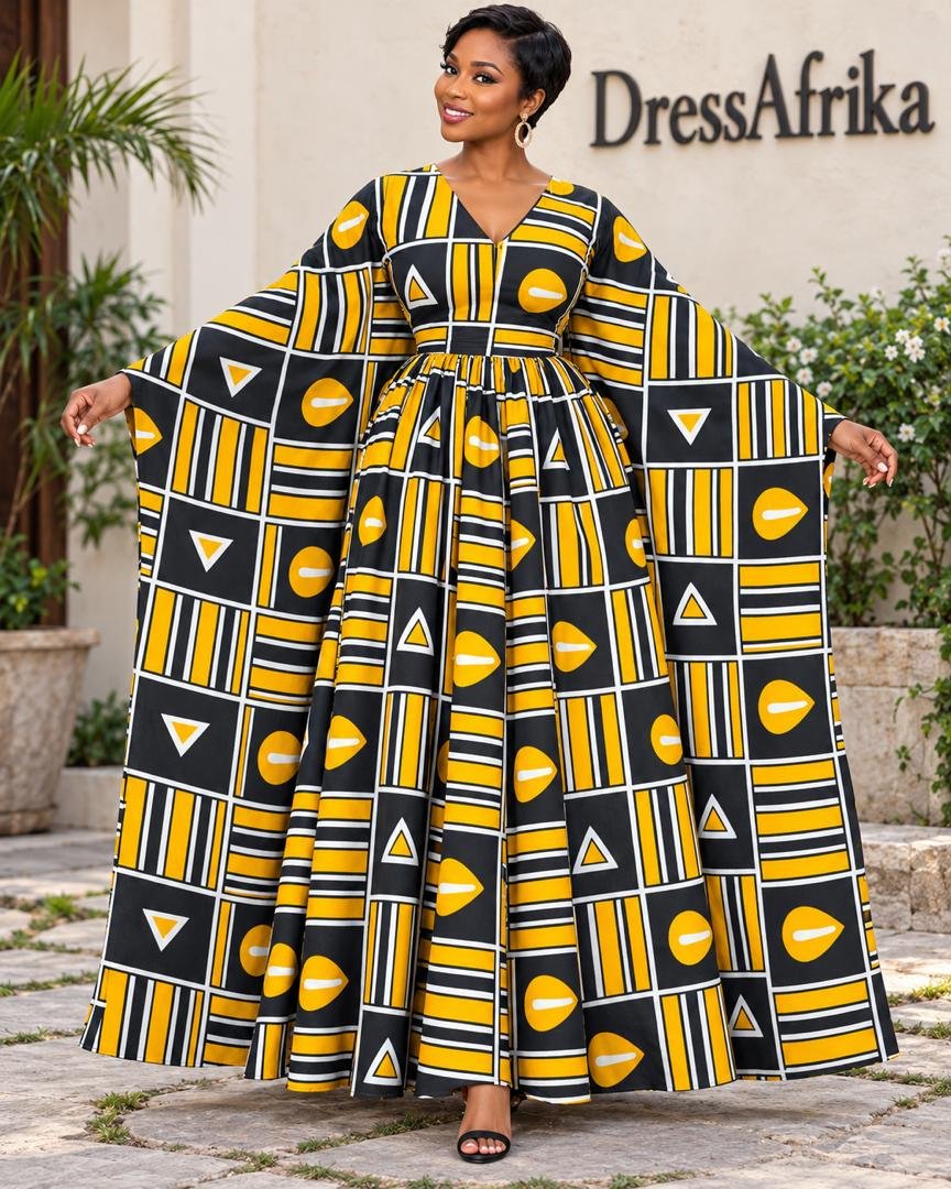 Luxury Marigold Geometric Ankara Print Inner Tie Maxi Boubou V-Neck Flowy Dress. 3 A Woman Wearing A Luxury Marigold Geometric Ankara Print Inner Tie Maxi Boubou Dress.