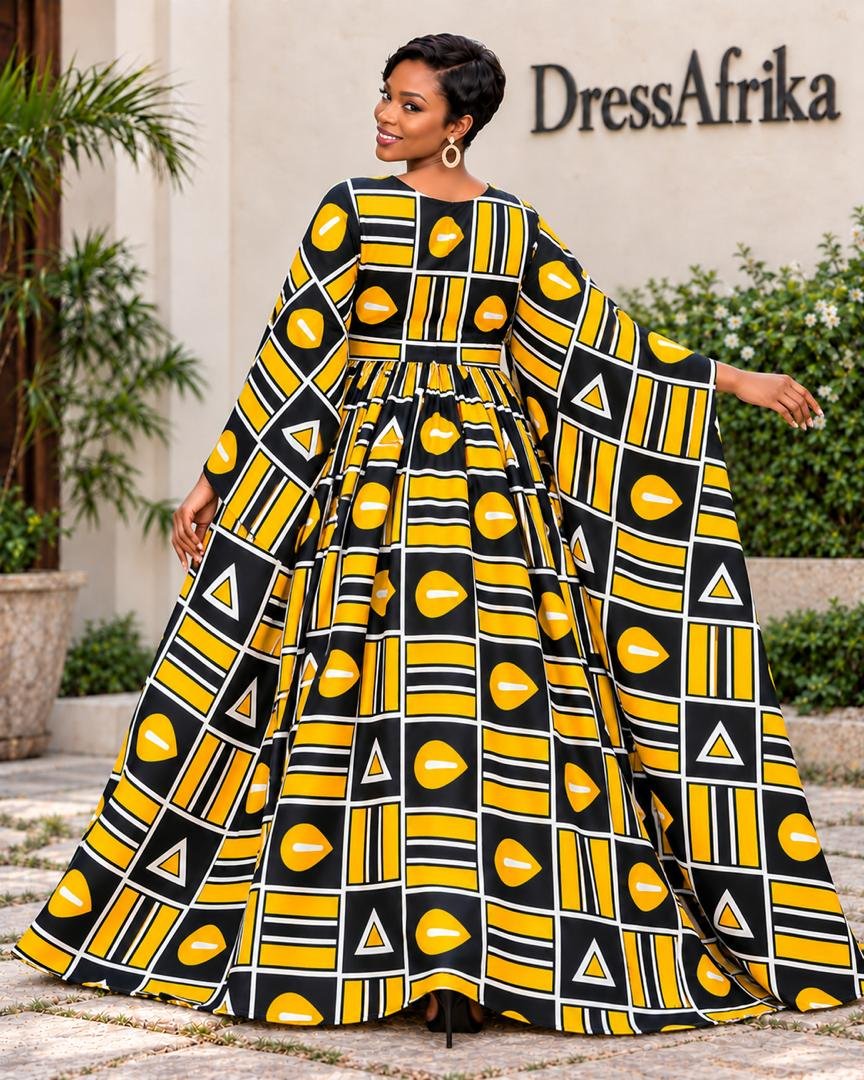 Luxury Marigold Geometric Ankara Print Inner Tie Maxi Boubou V-Neck Flowy Dress. 4 A Woman Wearing A Luxury Marigold Geometric Ankara Print Inner Tie Maxi Boubou Dress.