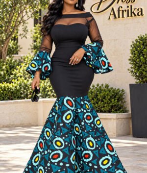 A Woman Wearing An Onyx Black Illusion Mesh Ankara Print Knit Dress And Elegant Lace Sleeve Mermaid Gown.