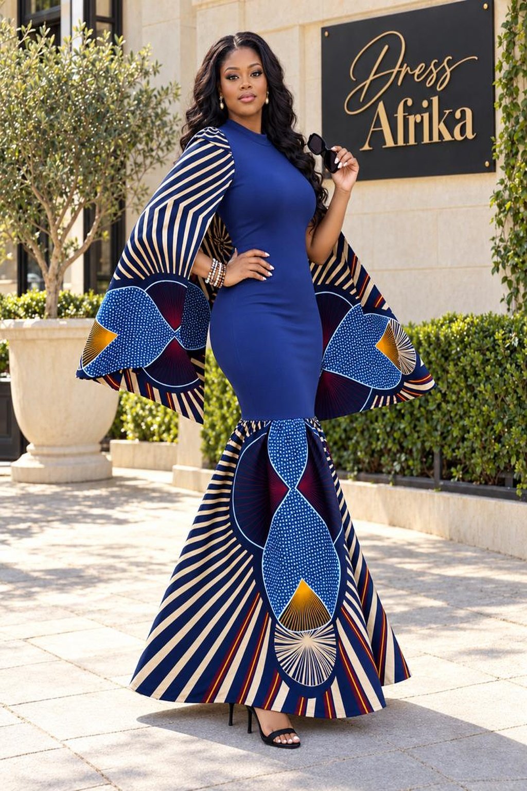 A Woman Wearing A Cobalt Blue Cape Sleeve Ankara Print Mermaid Gown.
