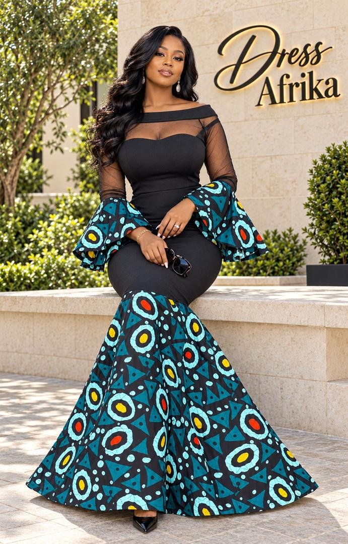 Onyx Black Illusion Mesh Ankara Print Knit Dress And Elegant Lace Sleeve Mermaid Gown. 2 A Woman Wearing An Onyx Black Illusion Mesh Ankara Print Knit Dress And Elegant Lace Sleeve Mermaid Gown.