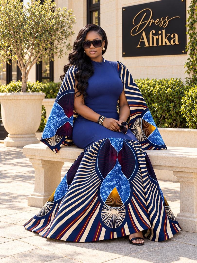 Cobalt Blue Cape Sleeve Ankara Print Mermaid Gown. 3 A Woman Wearing A Cobalt Blue Cape Sleeve Ankara Print Mermaid Gown.