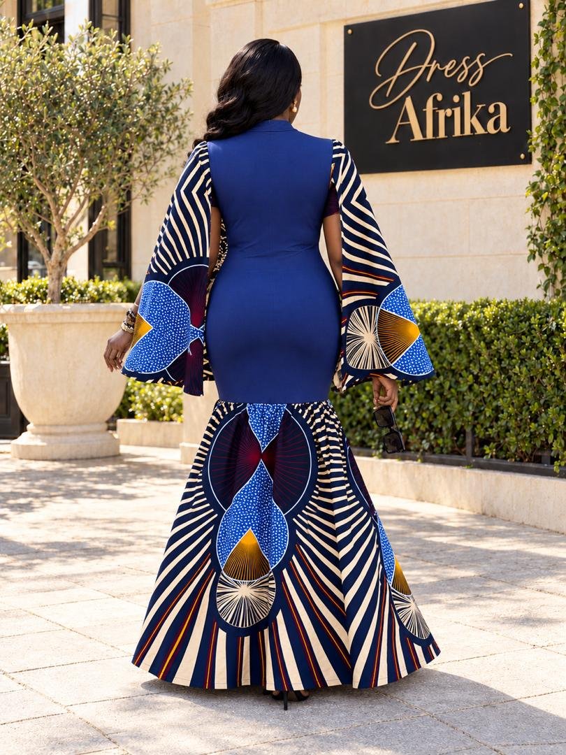 Cobalt Blue Cape Sleeve Ankara Print Mermaid Gown. 4 A Woman Wearing A Cobalt Blue Cape Sleeve Ankara Print Mermaid Gown.