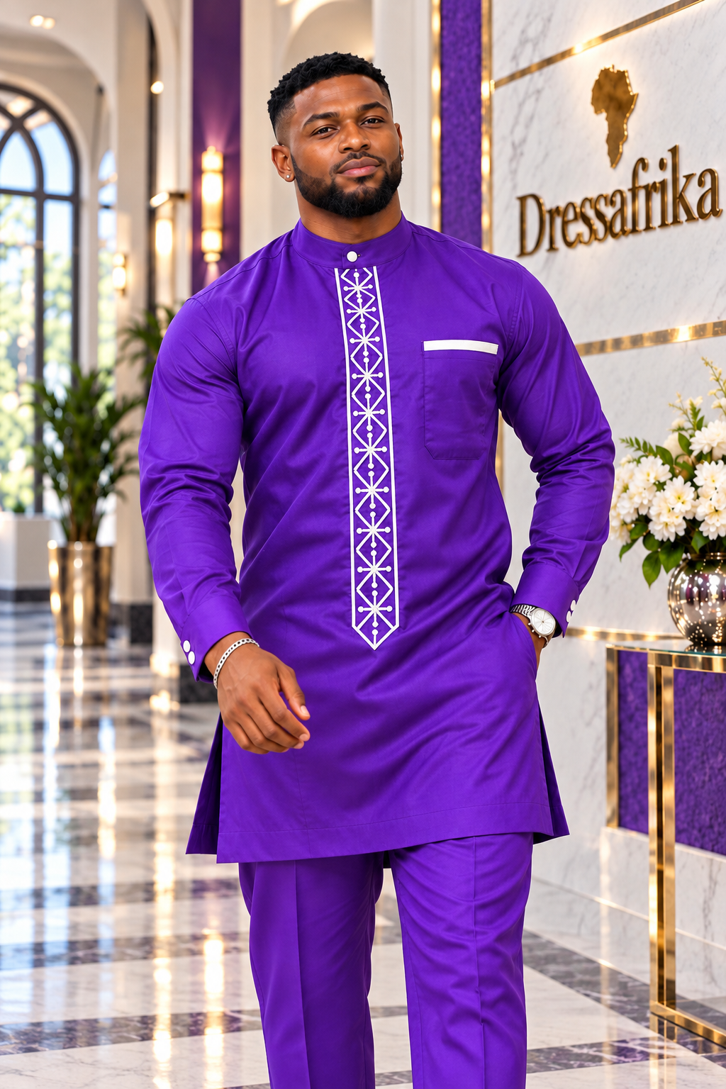 A Man Wearing A Royal Purple & Alabaster Geometric Embroidered Long-Sleeve Senator Tunic And Pants Set.