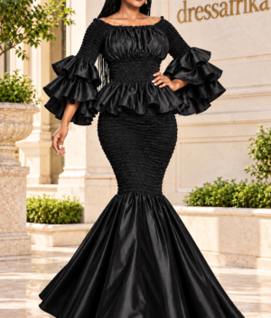 A Woman Wearing A Luminous Onyx Black Smocked Peplum Ruffle Mermaid Gown.
