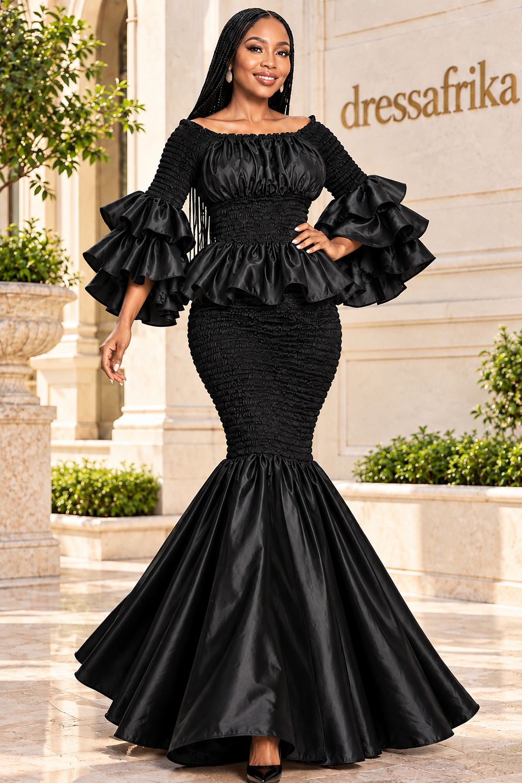 A Woman Wearing A Luminous Onyx Black Smocked Peplum Ruffle Mermaid Gown.