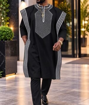 A Man Wearing A Royal Onyx 3-Piece Geometric Embroidered Agbada & Long-Sleeve Senator Suit Set.