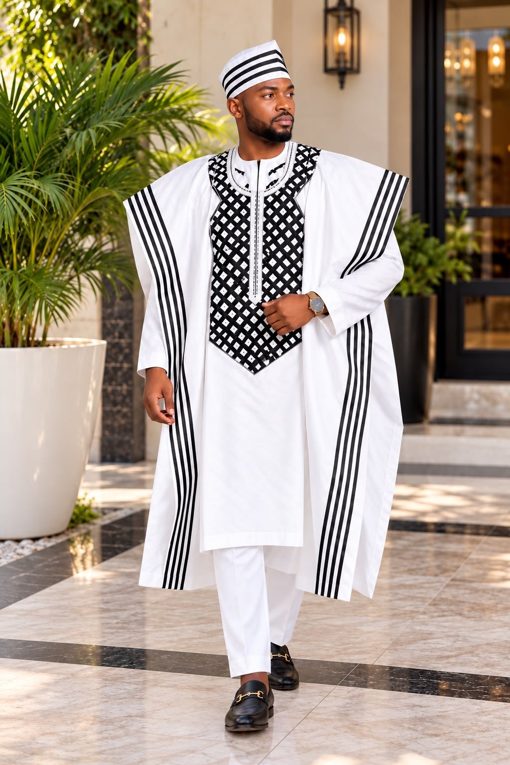 A Man Wearing A Royal Alabaster 4-Piece Embroidered Agbada And Long-Sleeve Senator Suit Set With Hat.