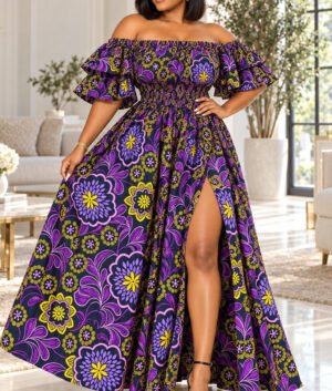 A Woman Wearing A Royal Violet Smocked Off-Shoulder Ruffle Ankara Maxi Gown (With / Without Slit Options)