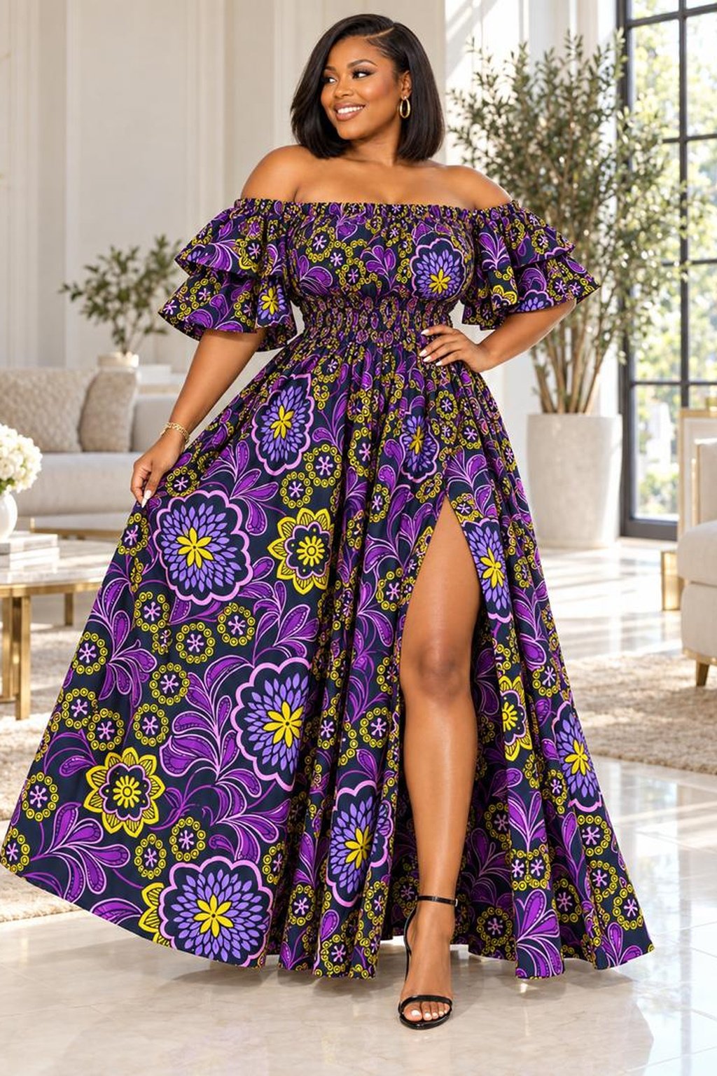 A Woman Wearing A Royal Violet Smocked Off-Shoulder Ruffle Ankara Maxi Gown (With / Without Slit Options)