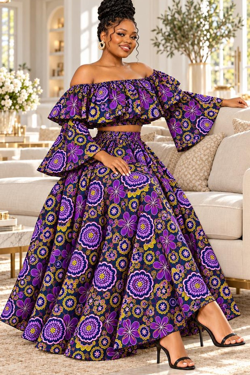 A Woman Wearing A Royal Violet Off-Shoulder Ruffle Ankara Two-Piece Maxi Set (With / Without Slit Options).
