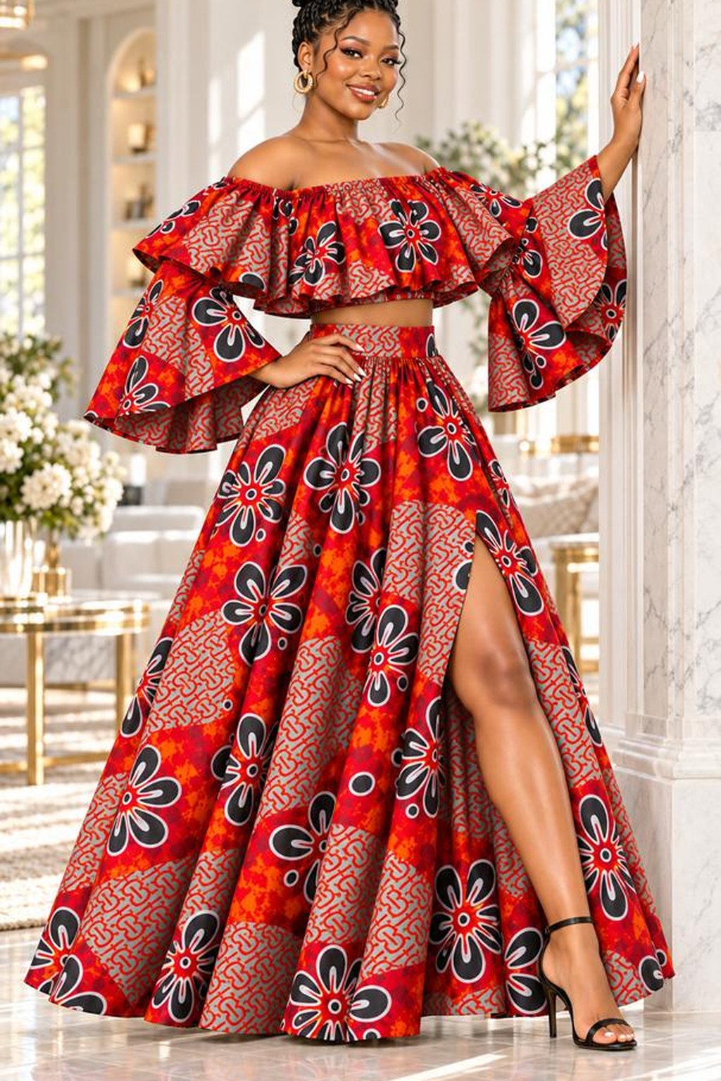 A Woman Wearing A Crimson Blossom Off-Shoulder Ruffle Ankara Two-Piece Maxi Set (With / Without Slit Options).